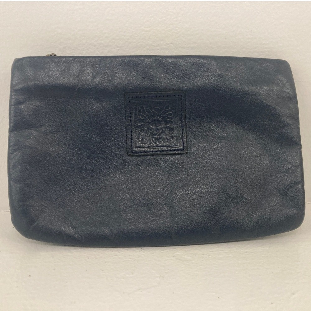 VTG Anne Klein Navy Blue Leather Pouch Zip Clutch Bag Lion Logo Designer Handbag